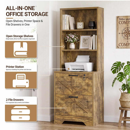 2-Drawer Vertical Filing Cabinet with Open Shelves & Built-In Power Outlet, Lockable Farmhouse Office Storage Cabinet for Home, Small Spaces