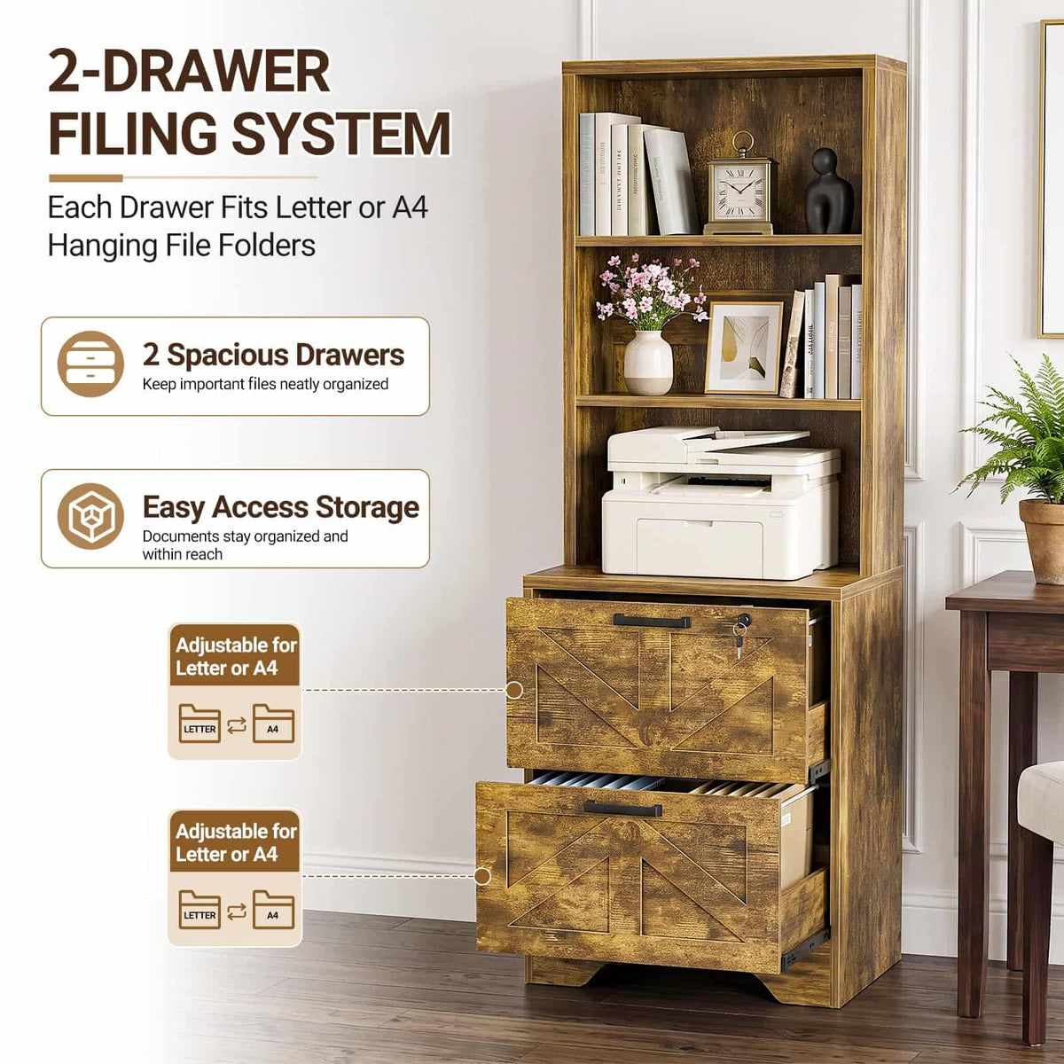 2-Drawer Vertical Filing Cabinet with Open Shelves & Built-In Power Outlet, Lockable Farmhouse Office Storage Cabinet for Home, Small Spaces