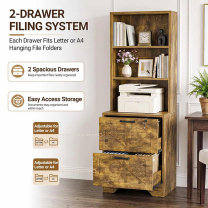 2-Drawer Vertical Filing Cabinet with Open Shelves & Built-In Power Outlet, Lockable Farmhouse Office Storage Cabinet for Home, Small Spaces