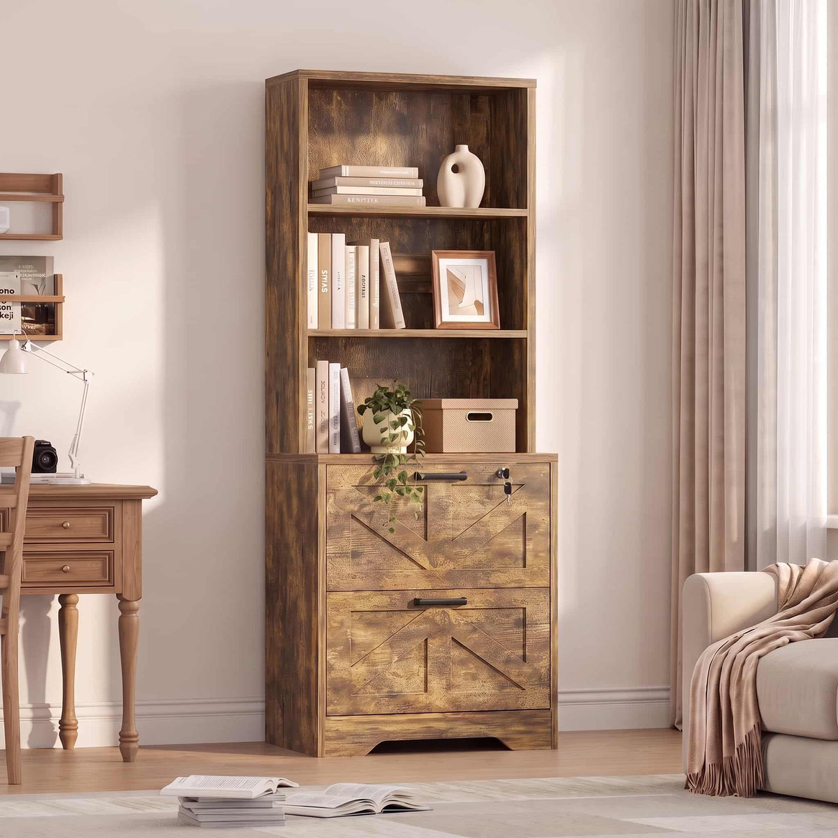2-Drawer Vertical Filing Cabinet with Open Shelves & Built-In Power Outlet, Lockable Farmhouse Office Storage Cabinet for Home, Small Spaces
