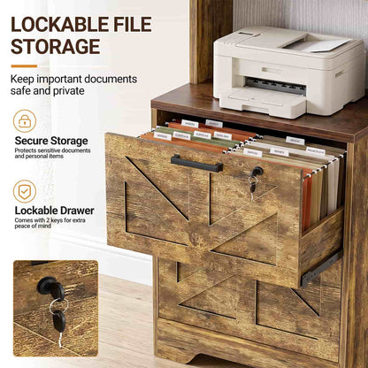 2-Drawer Vertical Filing Cabinet with Open Shelves & Built-In Power Outlet, Lockable Farmhouse Office Storage Cabinet for Home, Small Spaces