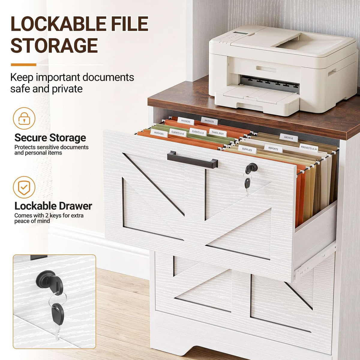 2-Drawer Vertical Filing Cabinet with Open Shelves & Built-In Power Outlet, Lockable Farmhouse Office Storage Cabinet for Home, Small Spaces