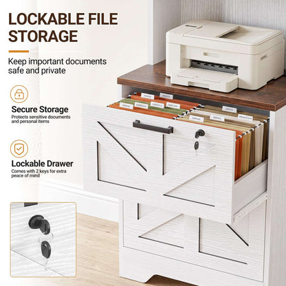 2-Drawer Vertical Filing Cabinet with Open Shelves & Built-In Power Outlet, Lockable Farmhouse Office Storage Cabinet for Home, Small Spaces