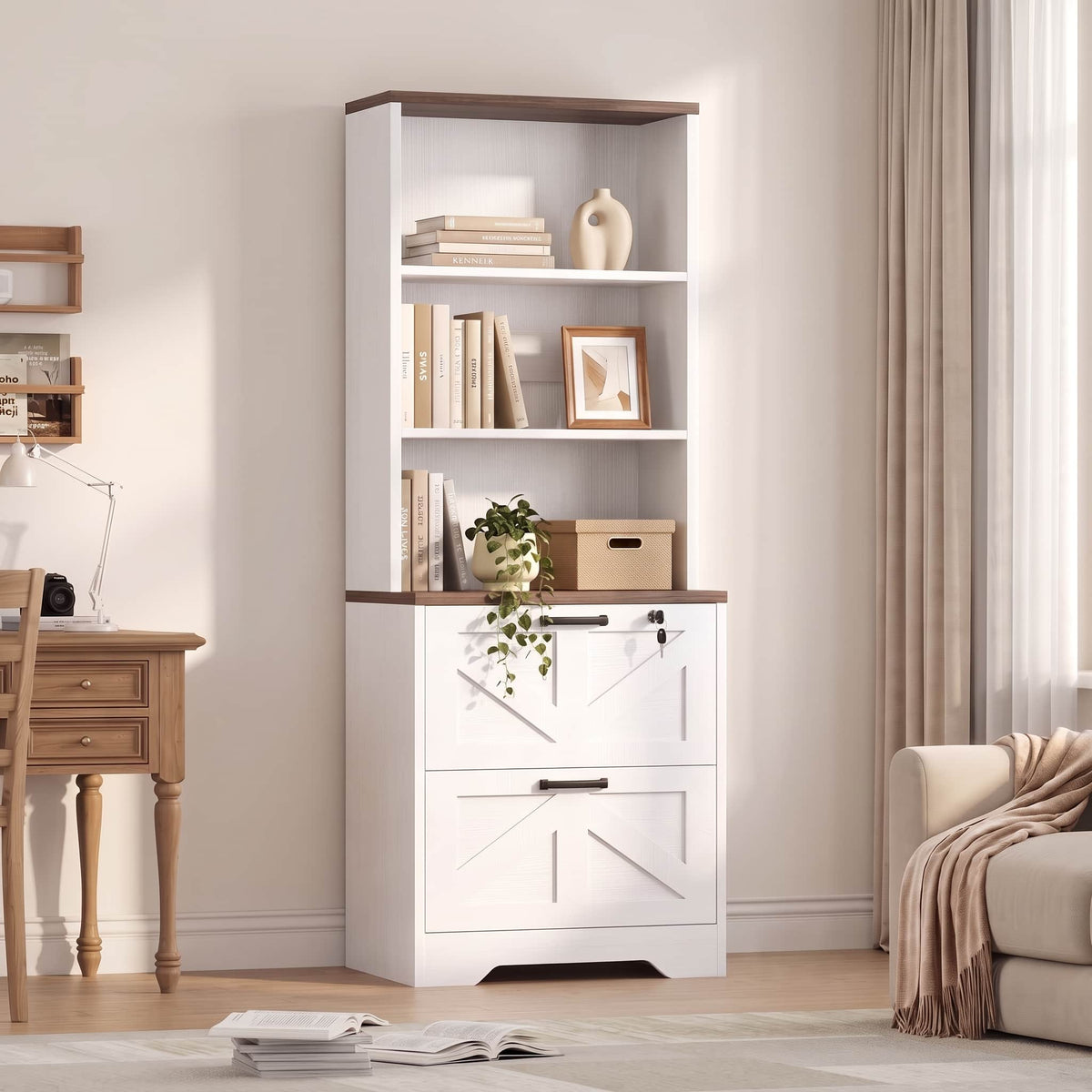 2-Drawer Vertical Filing Cabinet with Open Shelves & Built-In Power Outlet, Lockable Farmhouse Office Storage Cabinet for Home, Small Spaces