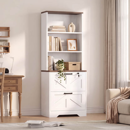 2-Drawer Vertical Filing Cabinet with Open Shelves & Built-In Power Outlet, Lockable Farmhouse Office Storage Cabinet for Home, Small Spaces