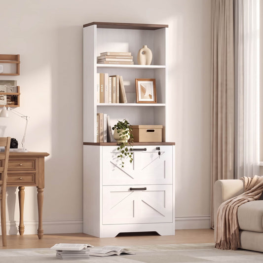 2-Drawer Vertical Filing Cabinet with Open Shelves & Built-In Power Outlet, Lockable Farmhouse Office Storage Cabinet for Home, Small Spaces
