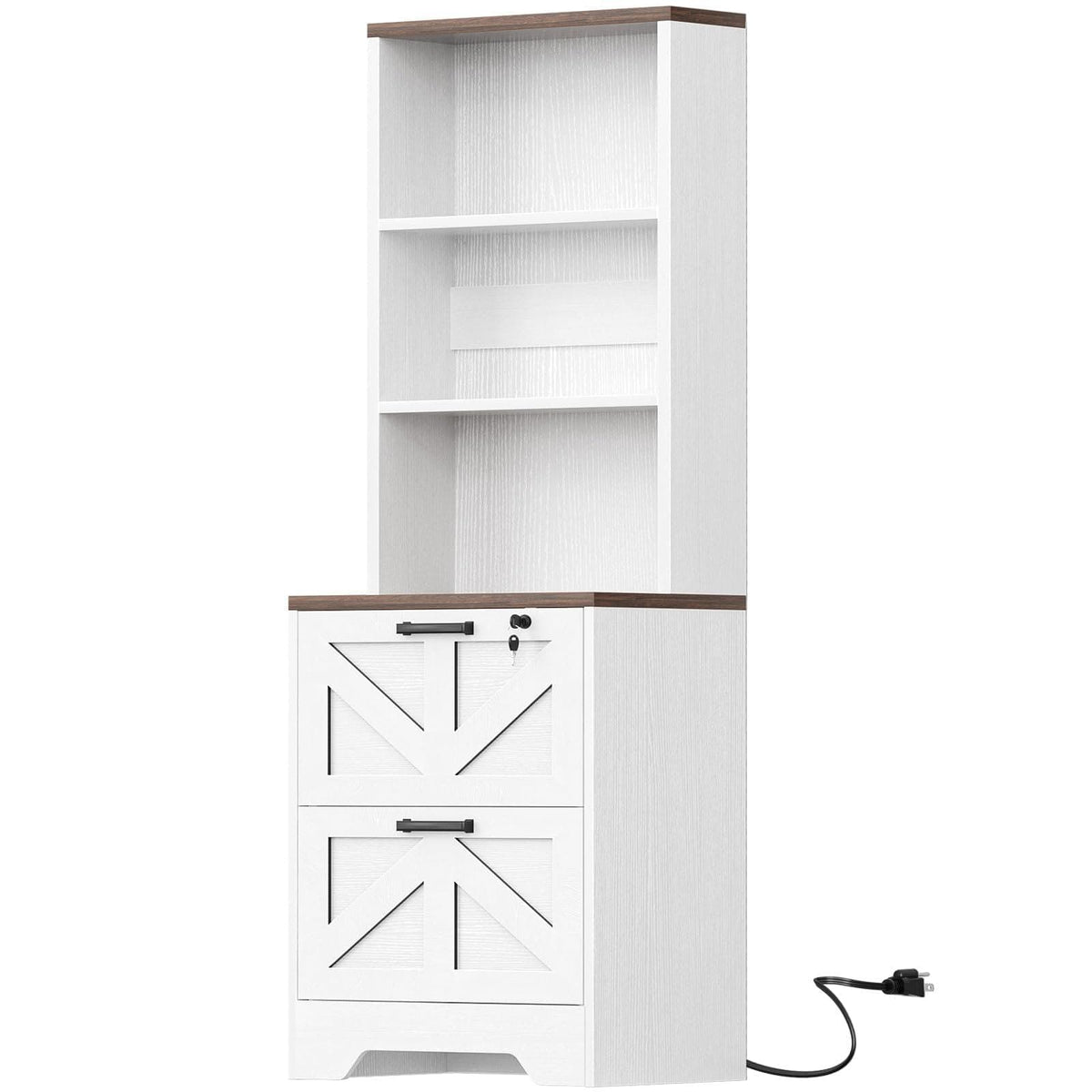 2-Drawer Vertical Filing Cabinet with Open Shelves & Built-In Power Outlet, Lockable Farmhouse Office Storage Cabinet for Home, Small Spaces