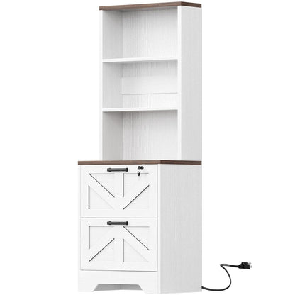 2-Drawer Vertical Filing Cabinet with Open Shelves & Built-In Power Outlet, Lockable Farmhouse Office Storage Cabinet for Home, Small Spaces