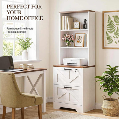 2-Drawer Vertical Filing Cabinet with Open Shelves & Built-In Power Outlet, Lockable Farmhouse Office Storage Cabinet for Home, Small Spaces