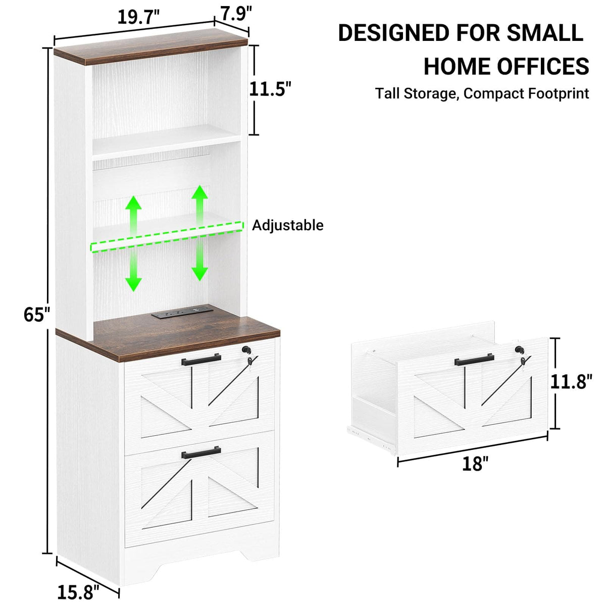 2-Drawer Vertical Filing Cabinet with Open Shelves & Built-In Power Outlet, Lockable Farmhouse Office Storage Cabinet for Home, Small Spaces