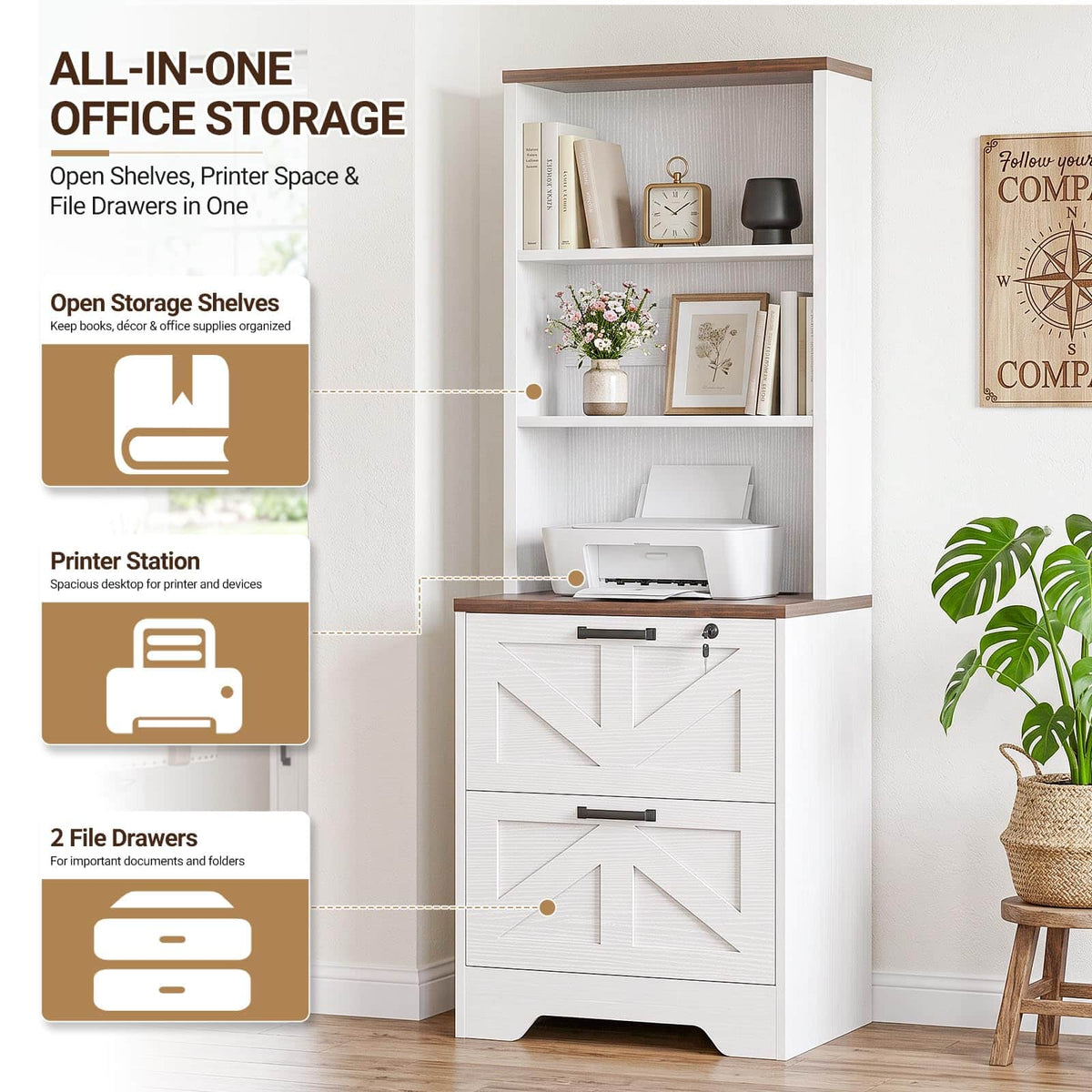 2-Drawer Vertical Filing Cabinet with Open Shelves & Built-In Power Outlet, Lockable Farmhouse Office Storage Cabinet for Home, Small Spaces