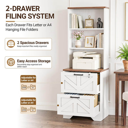 2-Drawer Vertical Filing Cabinet with Open Shelves & Built-In Power Outlet, Lockable Farmhouse Office Storage Cabinet for Home, Small Spaces