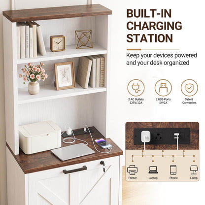 2-Drawer Vertical Filing Cabinet with Open Shelves & Built-In Power Outlet, Lockable Farmhouse Office Storage Cabinet for Home, Small Spaces