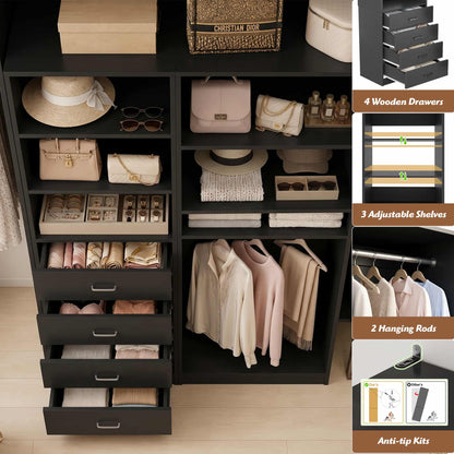 57.3'' W 2-Piece Closet Organizer System with Drawers and Hanging Rods