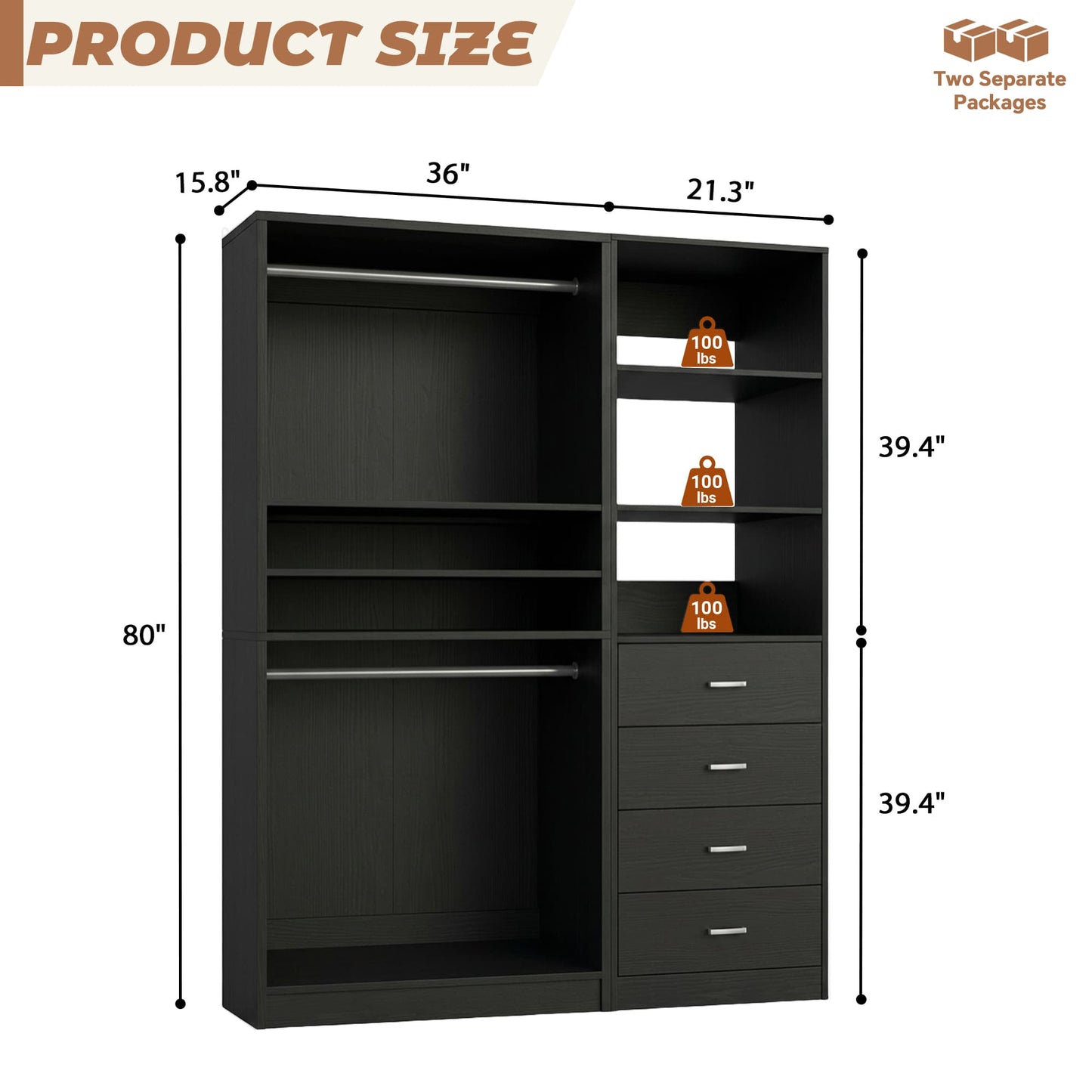 57.3'' W 2-Piece Closet Organizer System with Drawers and Hanging Rods