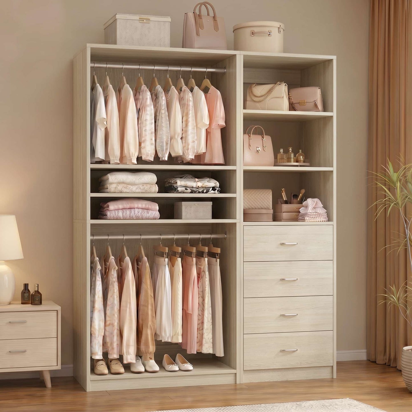 57.3'' W 2-Piece Closet Organizer System with Drawers and Hanging Rods