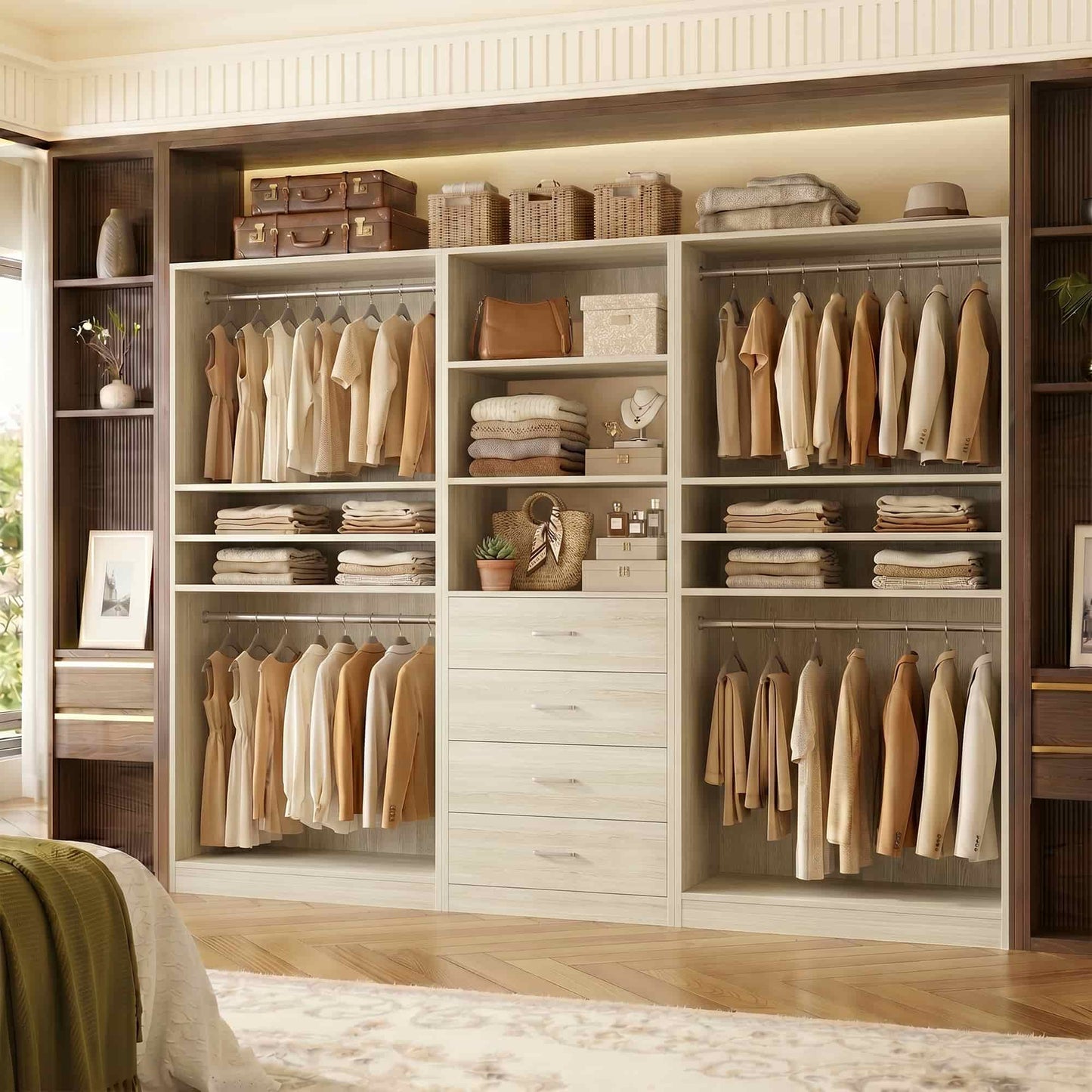 57.3'' W 2-Piece Closet Organizer System with Drawers and Hanging Rods