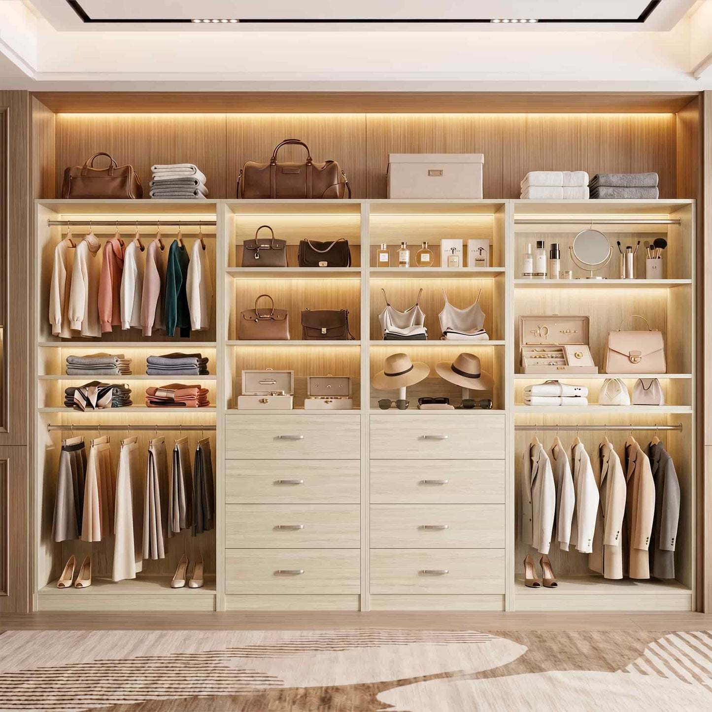 57.3'' W 2-Piece Closet Organizer System with Drawers and Hanging Rods