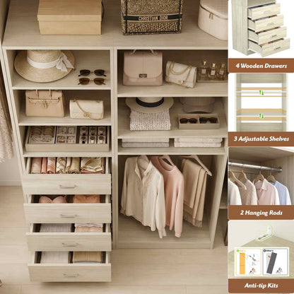 57.3'' W 2-Piece Closet Organizer System with Drawers and Hanging Rods