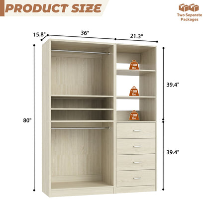 57.3'' W 2-Piece Closet Organizer System with Drawers and Hanging Rods