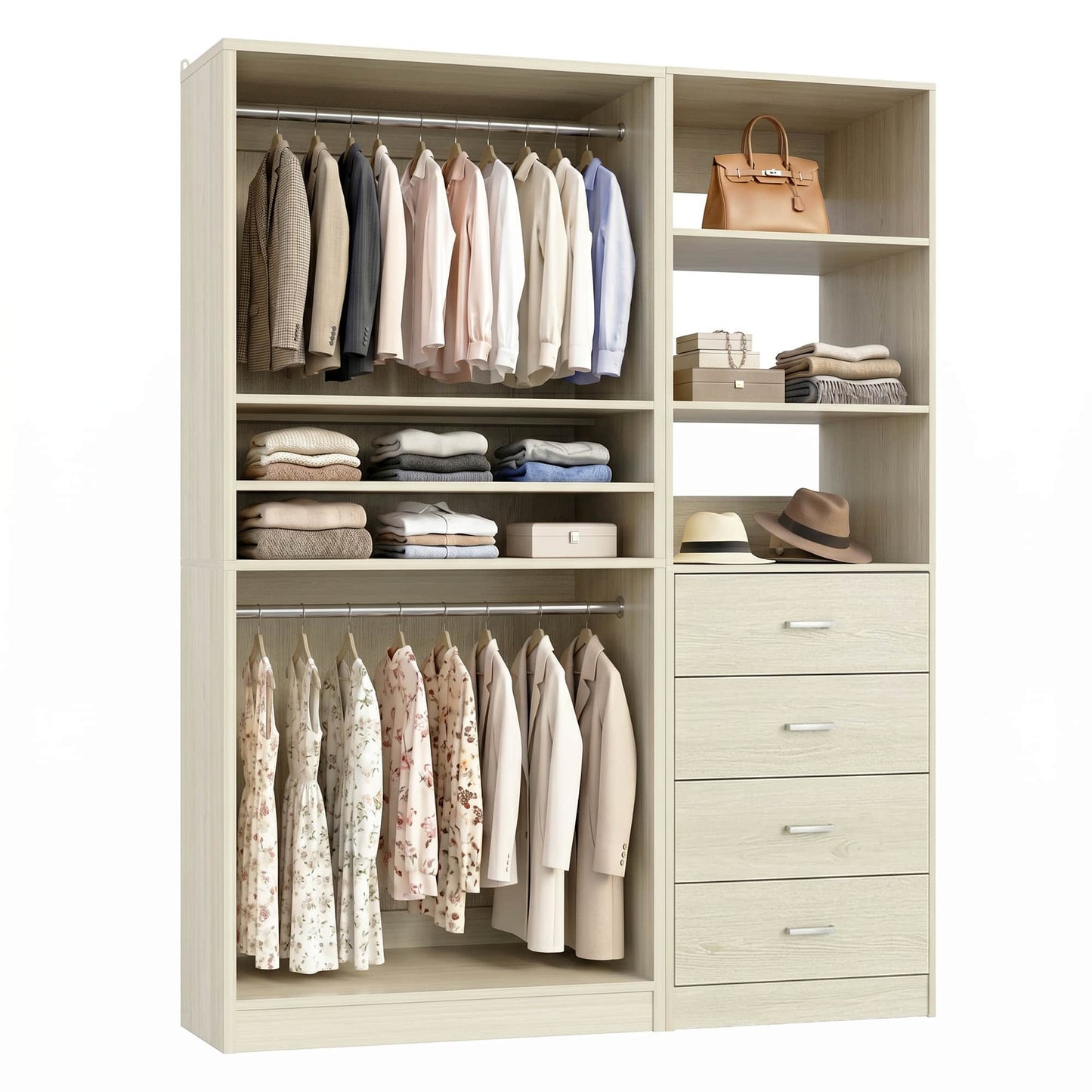 57.3'' W 2-Piece Closet Organizer System with Drawers and Hanging Rods