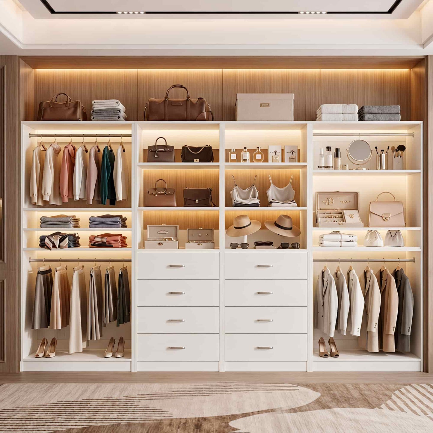 57.3'' W 2-Piece Closet Organizer System with Drawers and Hanging Rods