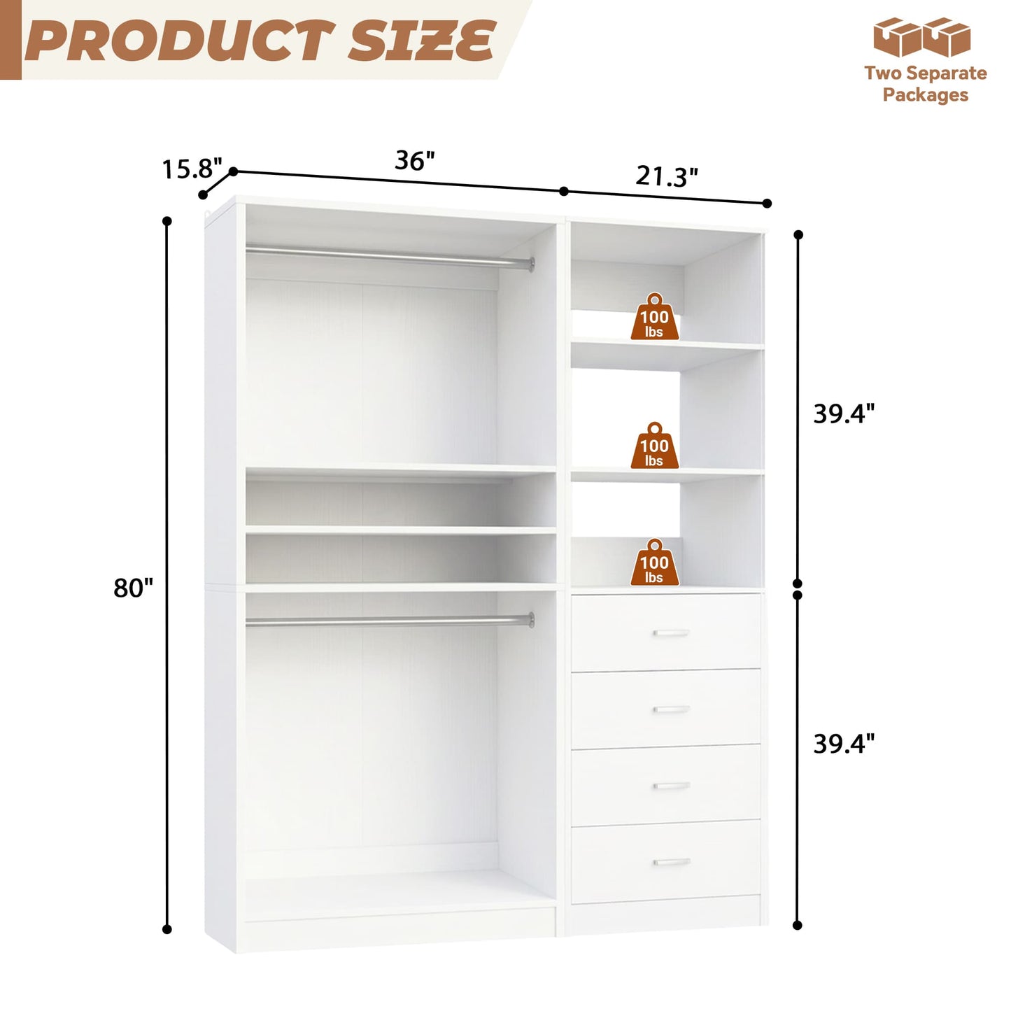 57.3'' W 2-Piece Closet Organizer System with Drawers and Hanging Rods