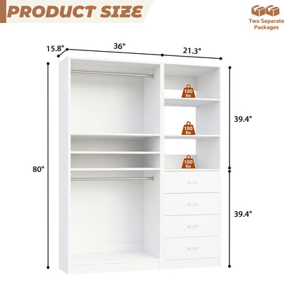 57.3'' W 2-Piece Closet Organizer System with Drawers and Hanging Rods