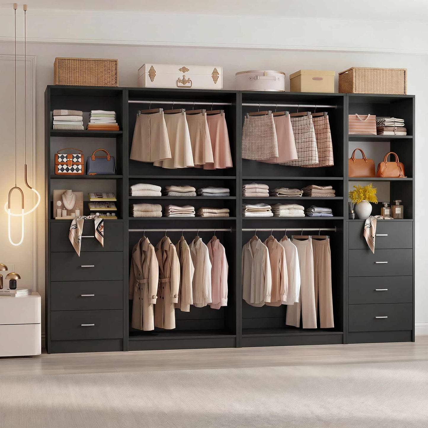 114.6'' Wide Closet Organizer with 8 Drawers and 4 Hanging Rods