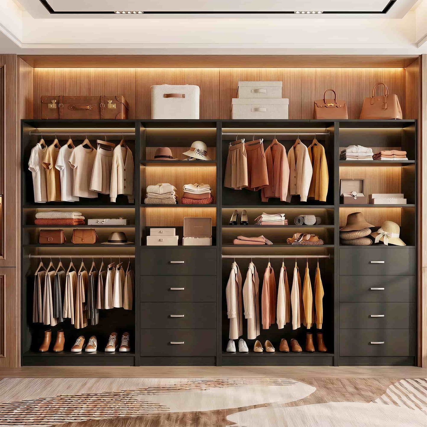 114.6'' Wide Closet Organizer with 8 Drawers and 4 Hanging Rods