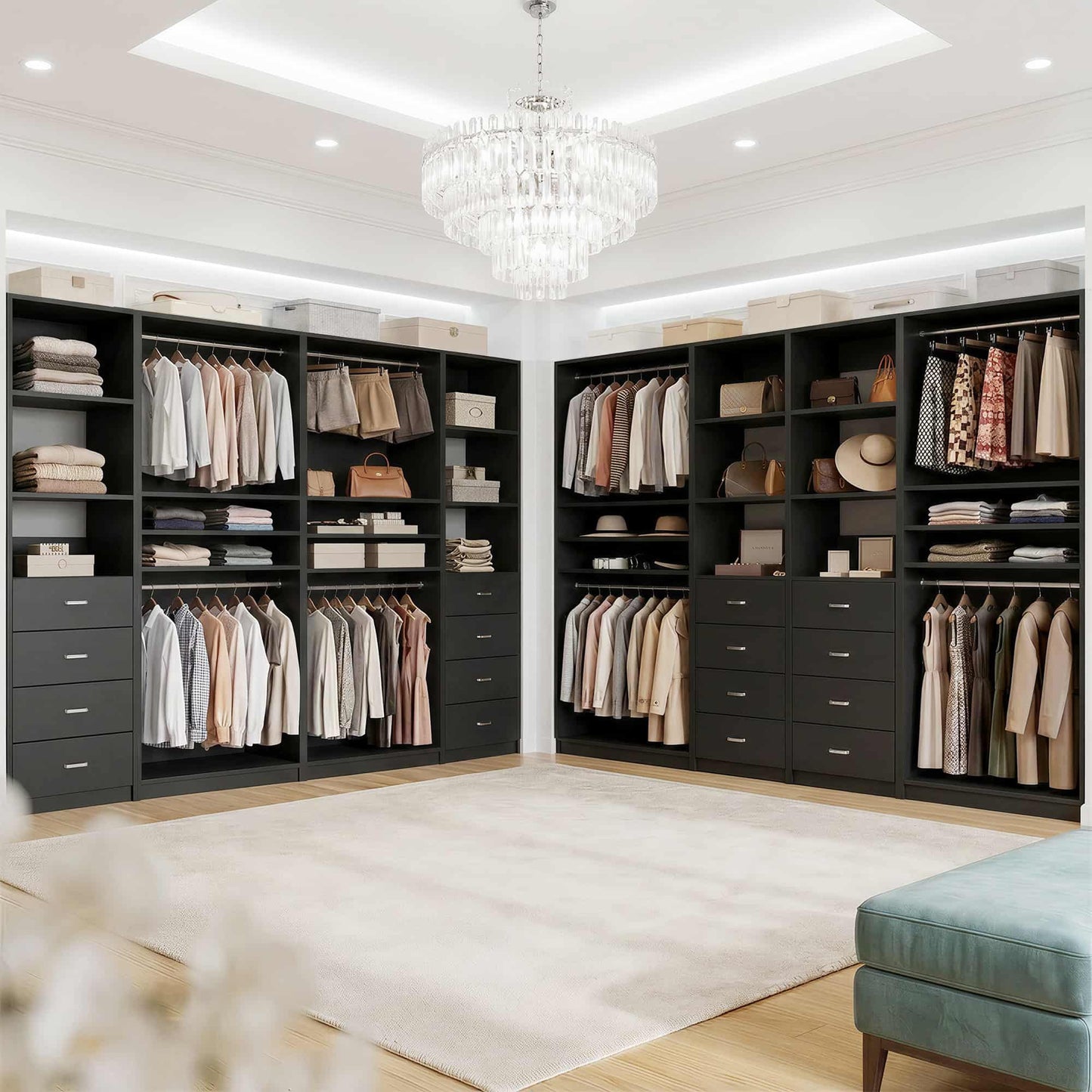 114.6'' Wide Closet Organizer with 8 Drawers and 4 Hanging Rods
