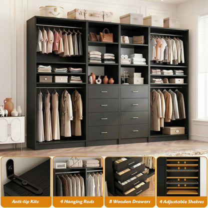 114.6'' Wide Closet Organizer with 8 Drawers and 4 Hanging Rods