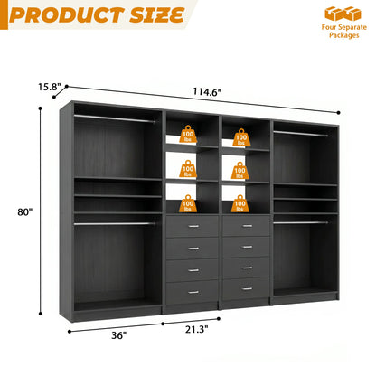 114.6'' Wide Closet Organizer with 8 Drawers and 4 Hanging Rods