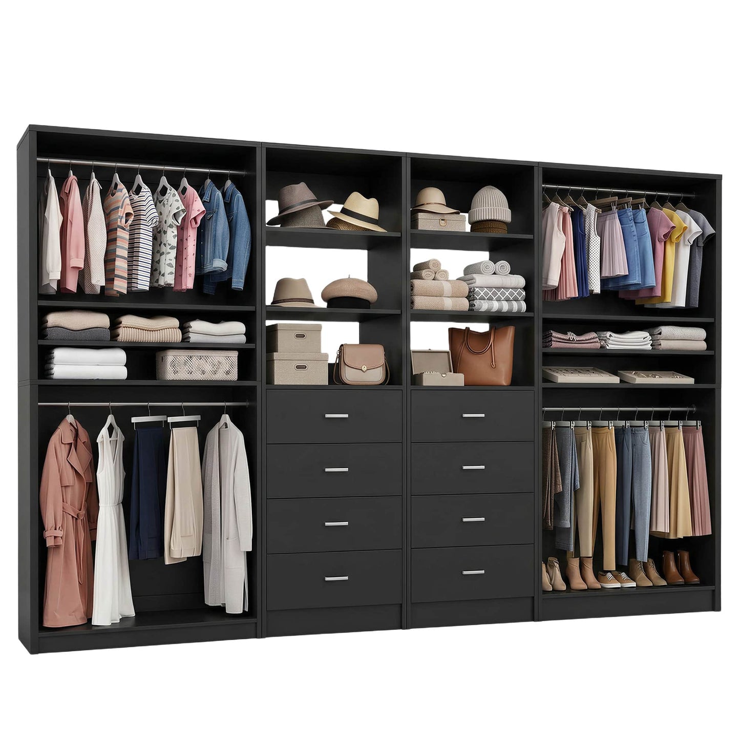 114.6'' Wide Closet Organizer with 8 Drawers and 4 Hanging Rods