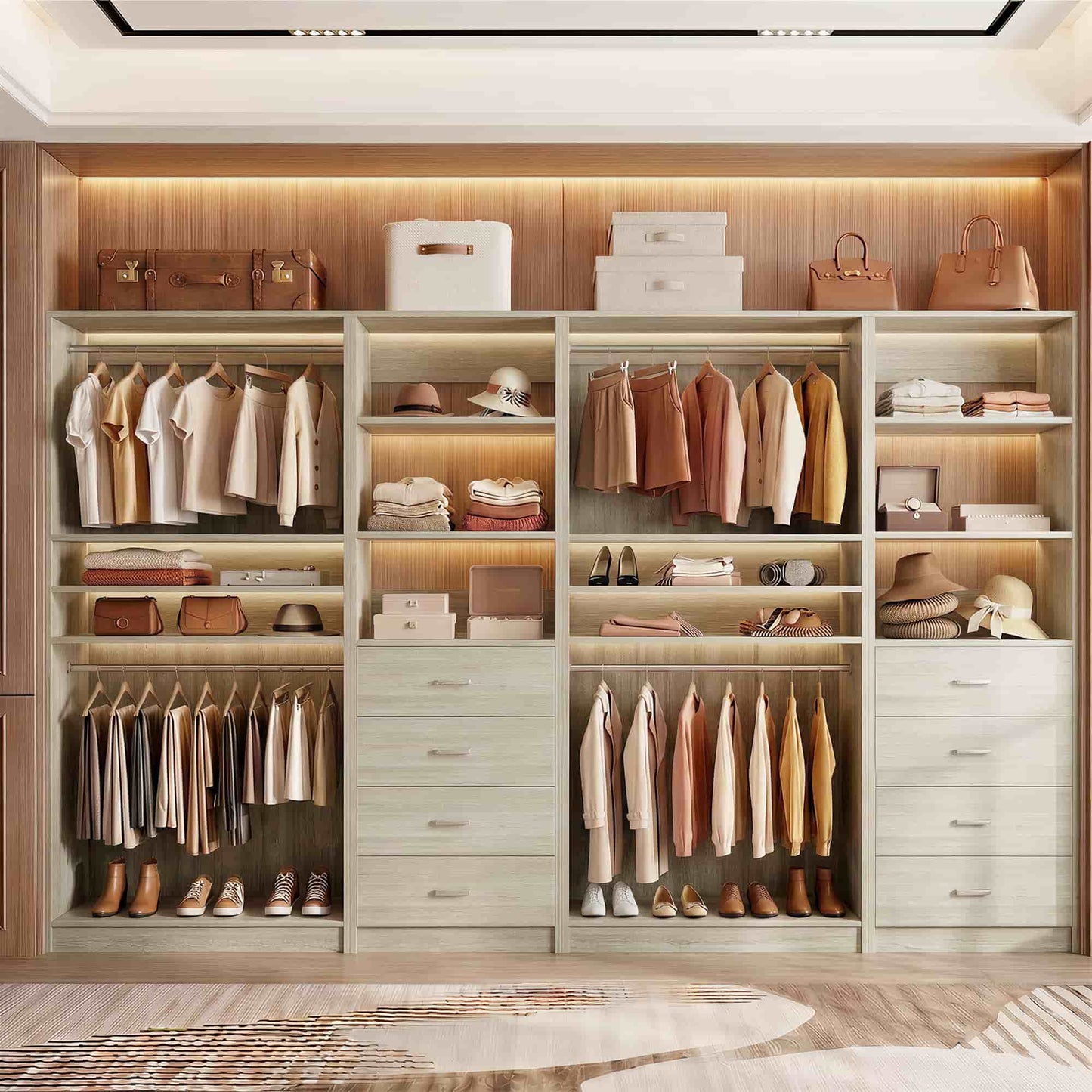 114.6'' Wide Closet Organizer with 8 Drawers and 4 Hanging Rods