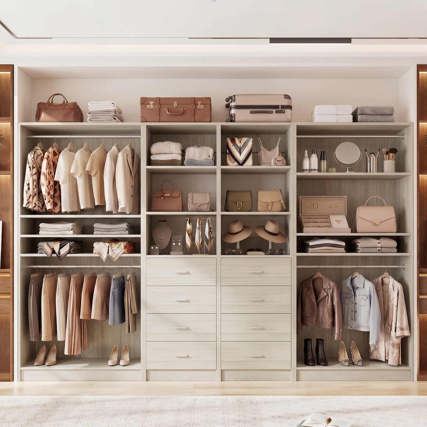 114.6'' Wide Closet Organizer with 8 Drawers and 4 Hanging Rods