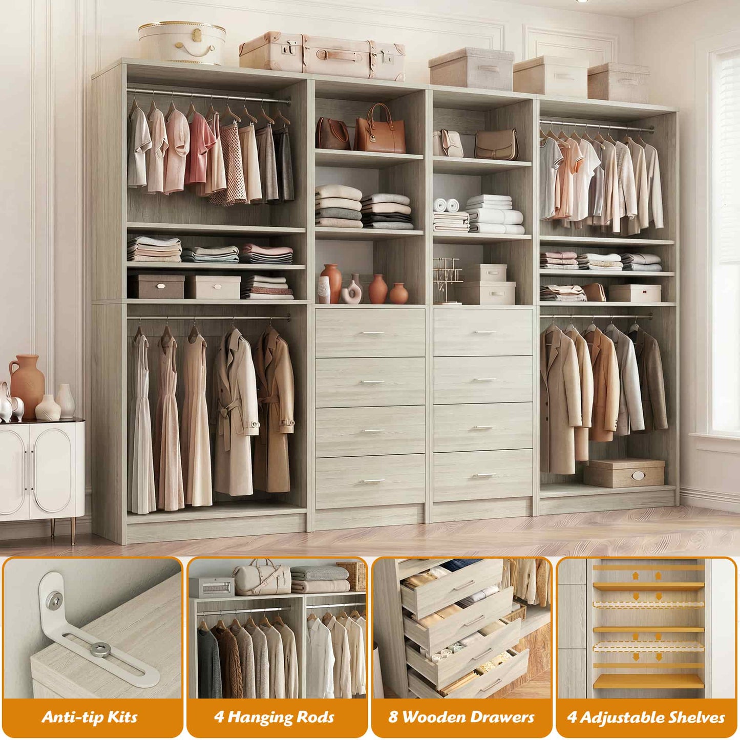114.6'' Wide Closet Organizer with 8 Drawers and 4 Hanging Rods