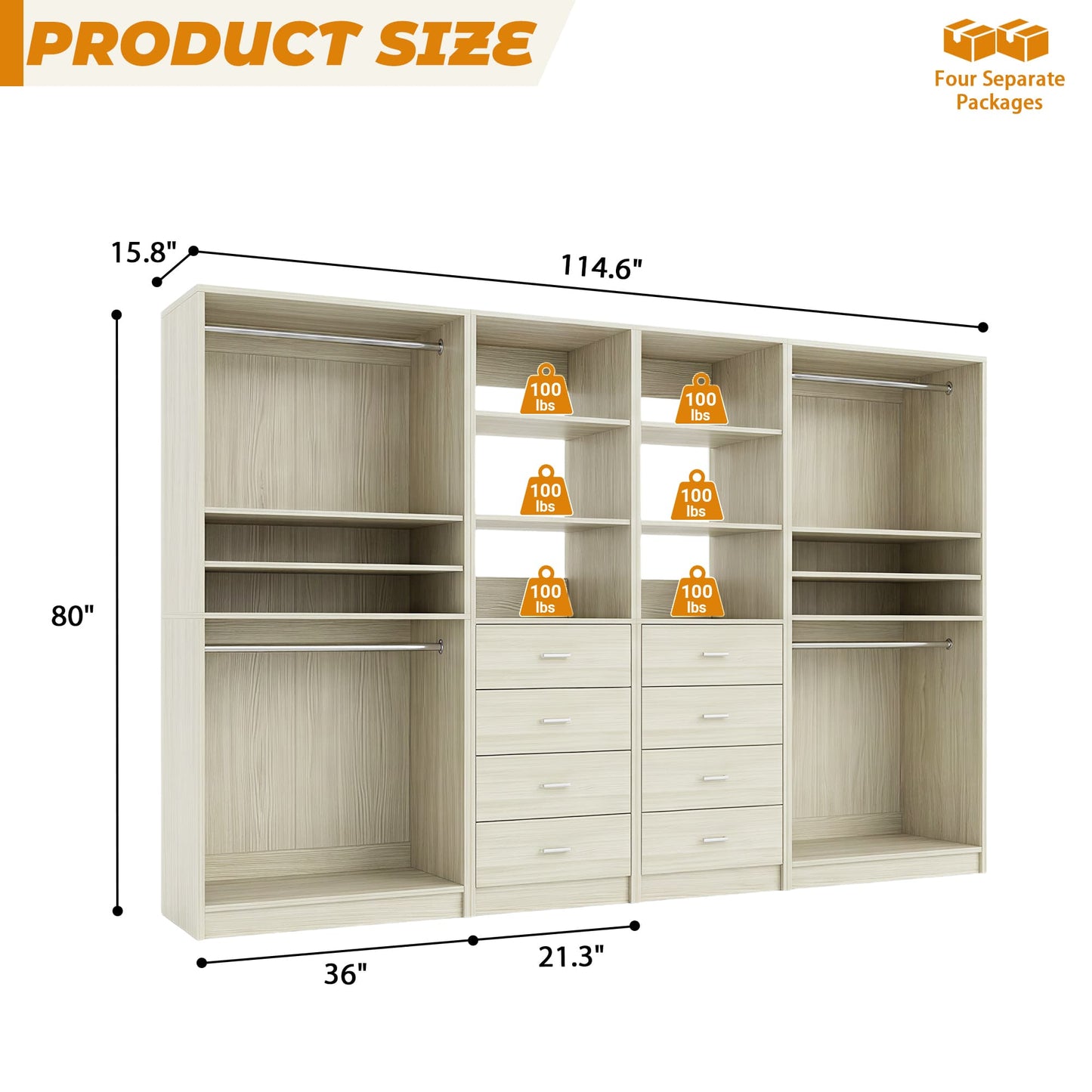 114.6'' Wide Closet Organizer with 8 Drawers and 4 Hanging Rods