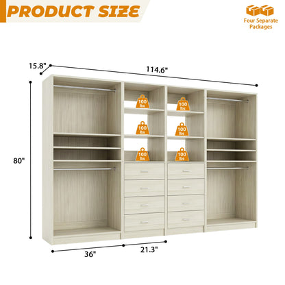 114.6'' Wide Closet Organizer with 8 Drawers and 4 Hanging Rods