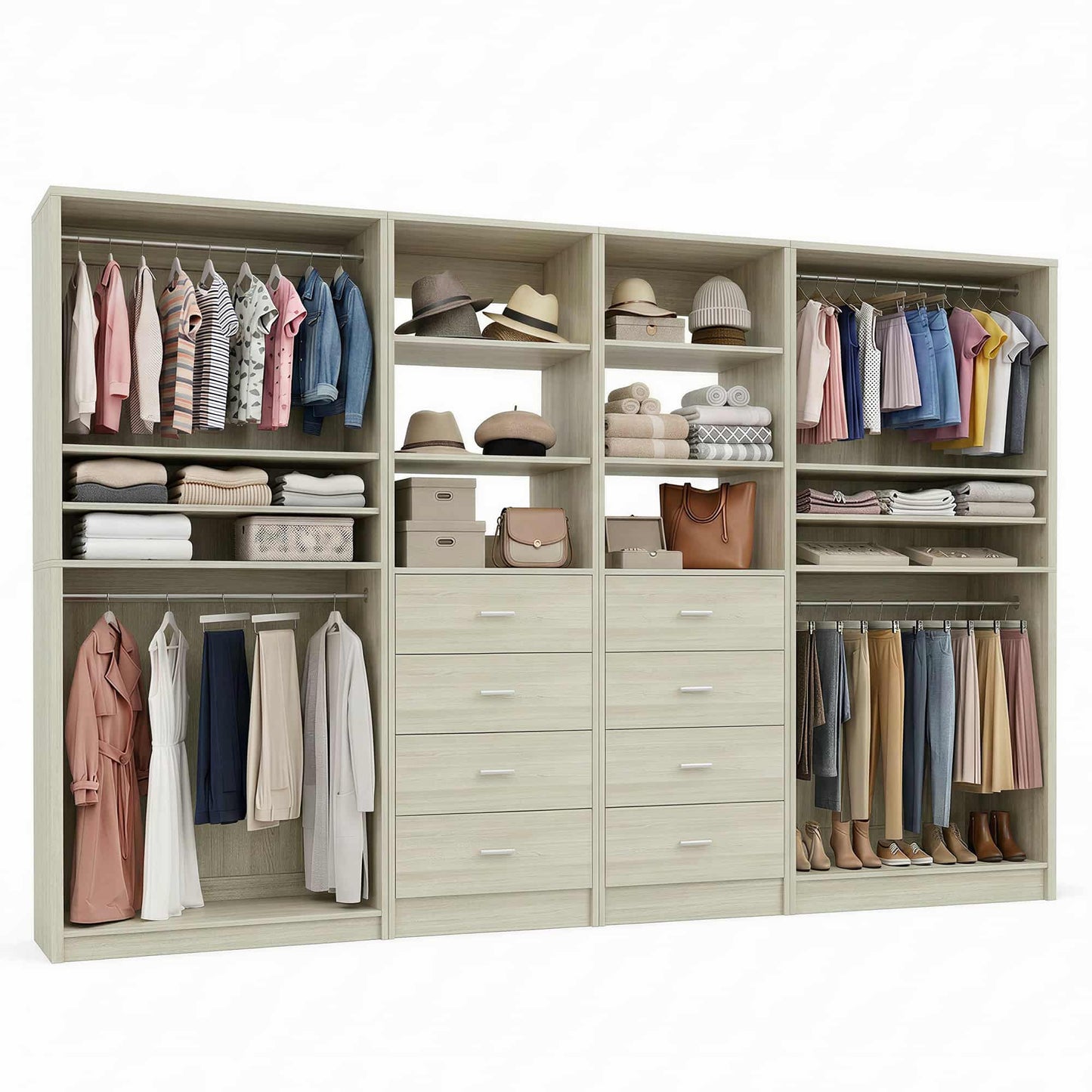 114.6'' Wide Closet Organizer with 8 Drawers and 4 Hanging Rods