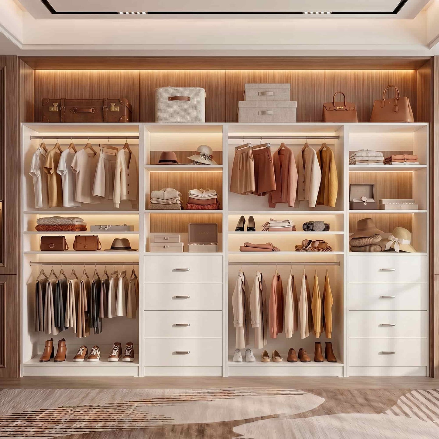 114.6'' Wide Closet Organizer with 8 Drawers and 4 Hanging Rods