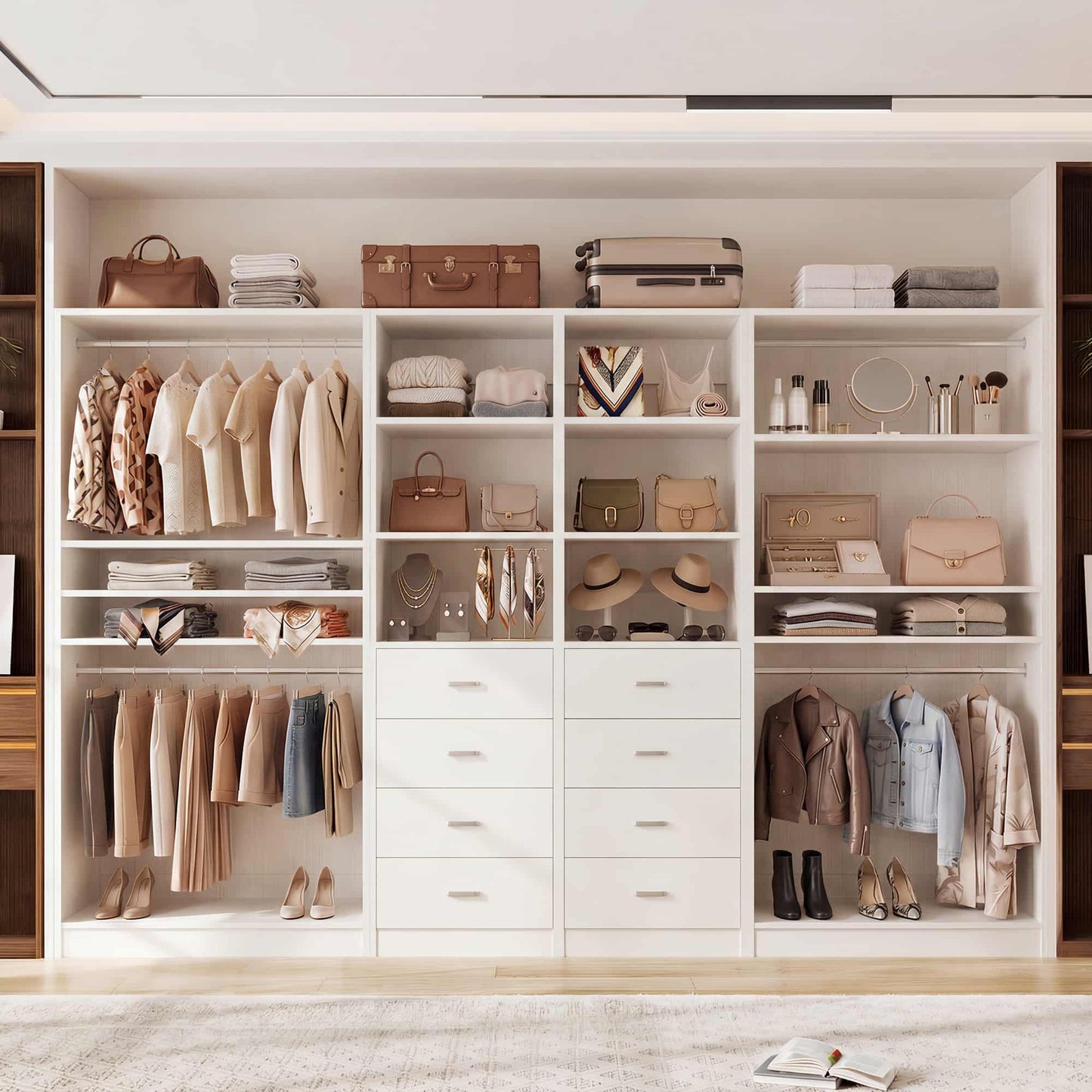 114.6'' Wide Closet Organizer with 8 Drawers and 4 Hanging Rods
