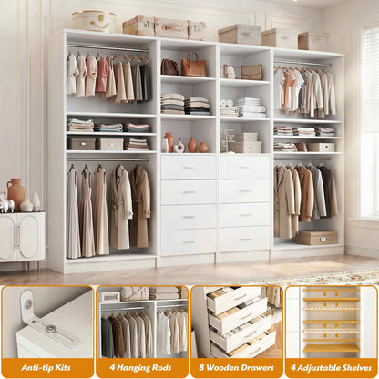 114.6'' Wide Closet Organizer with 8 Drawers and 4 Hanging Rods