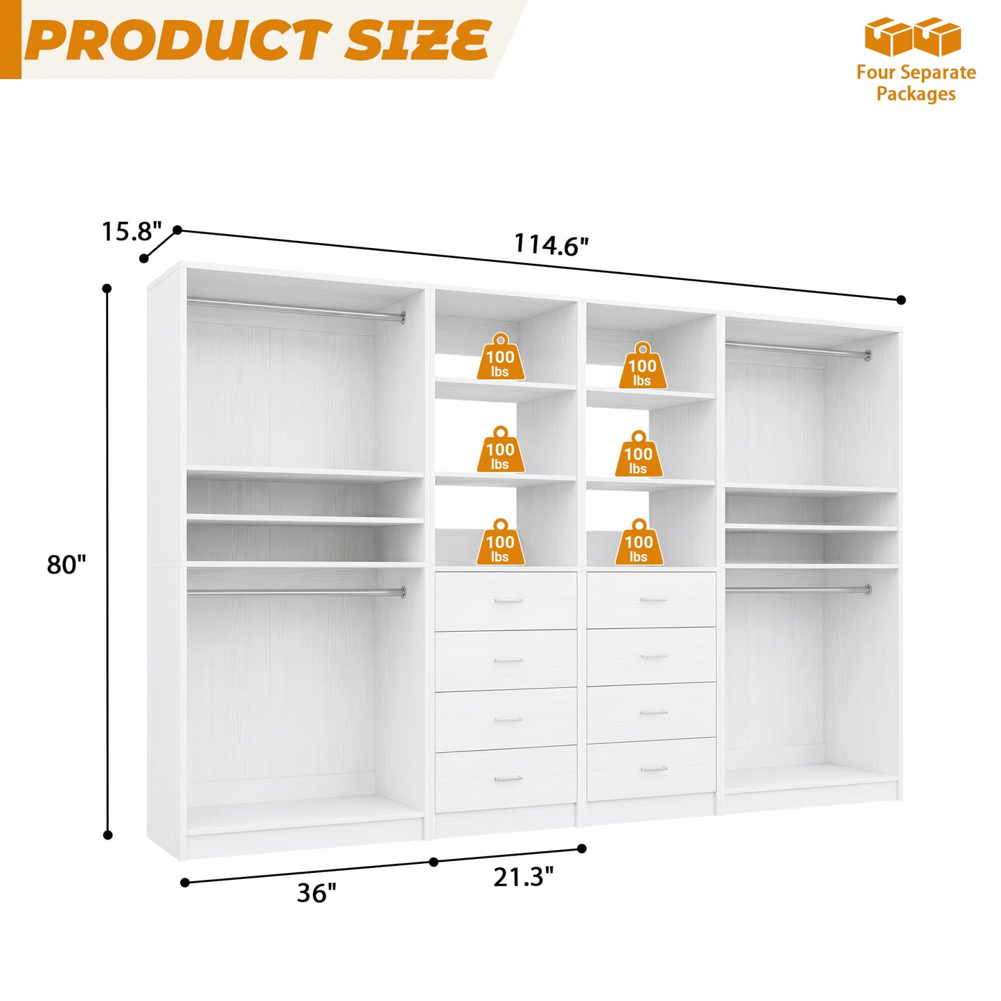114.6'' Wide Closet Organizer with 8 Drawers and 4 Hanging Rods