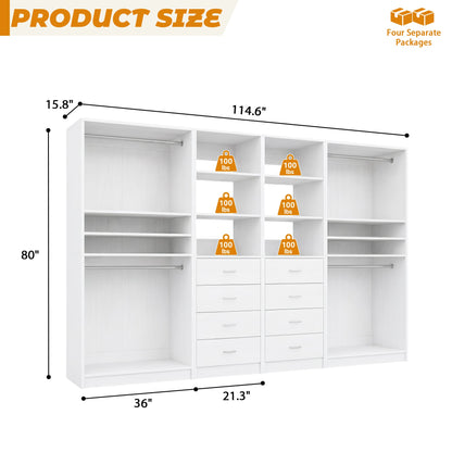 114.6'' Wide Closet Organizer with 8 Drawers and 4 Hanging Rods