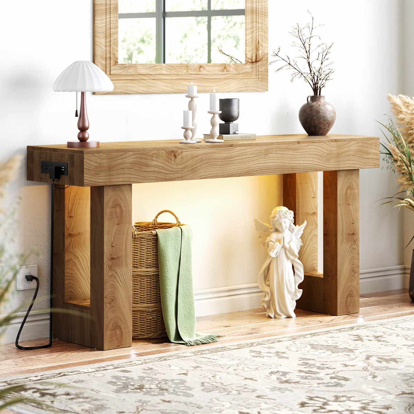63'' Farmhouse Console Table with Power Outlets and Sensor Light