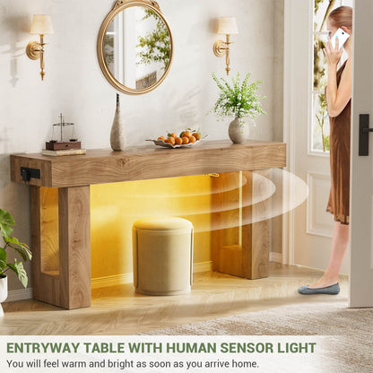 63'' Farmhouse Console Table with Power Outlets and Sensor Light
