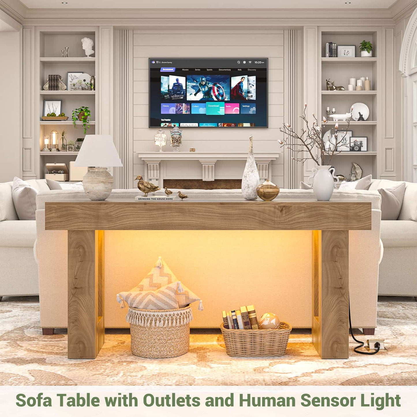 63'' Farmhouse Console Table with Power Outlets and Sensor Light