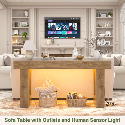 63'' Farmhouse Console Table with Power Outlets and Sensor Light