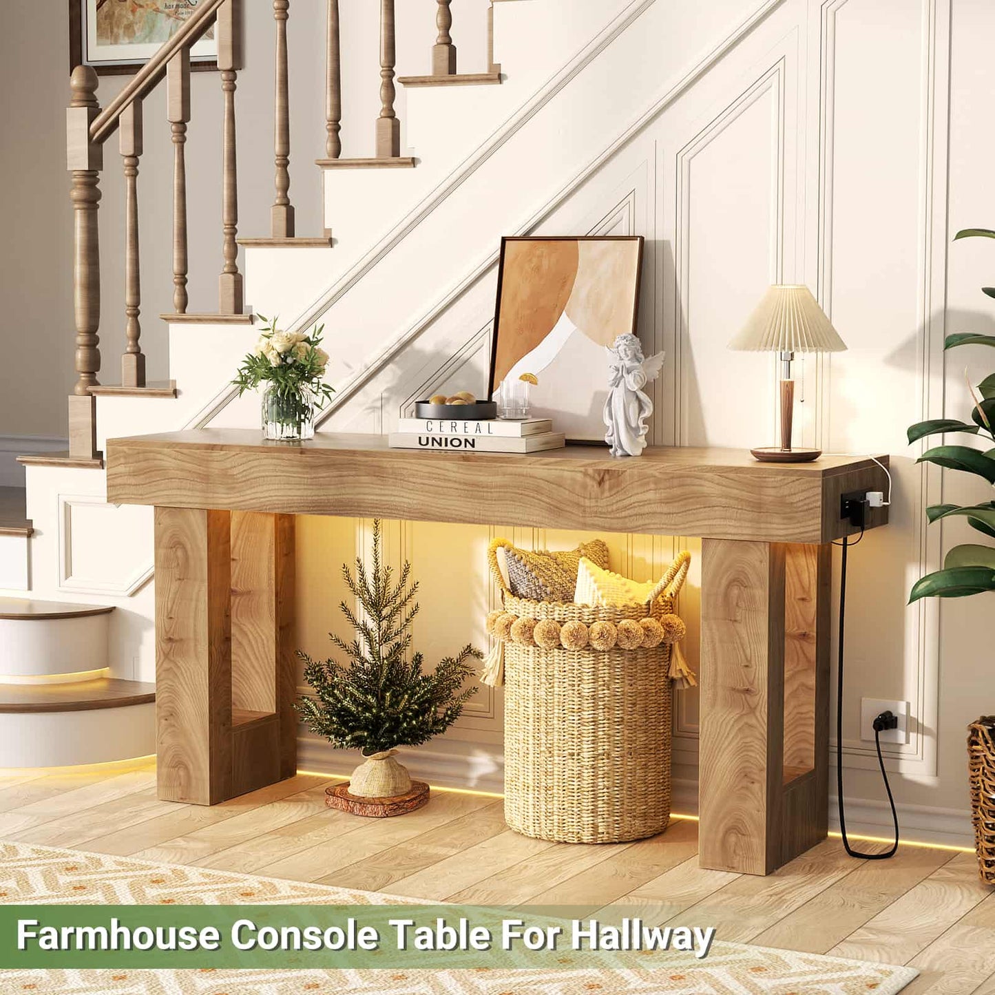 63'' Farmhouse Console Table with Power Outlets and Sensor Light